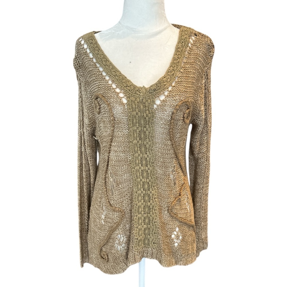 Vintage Y2K Crochet Open Knit Sweater in Tan - Picture 3 of 10